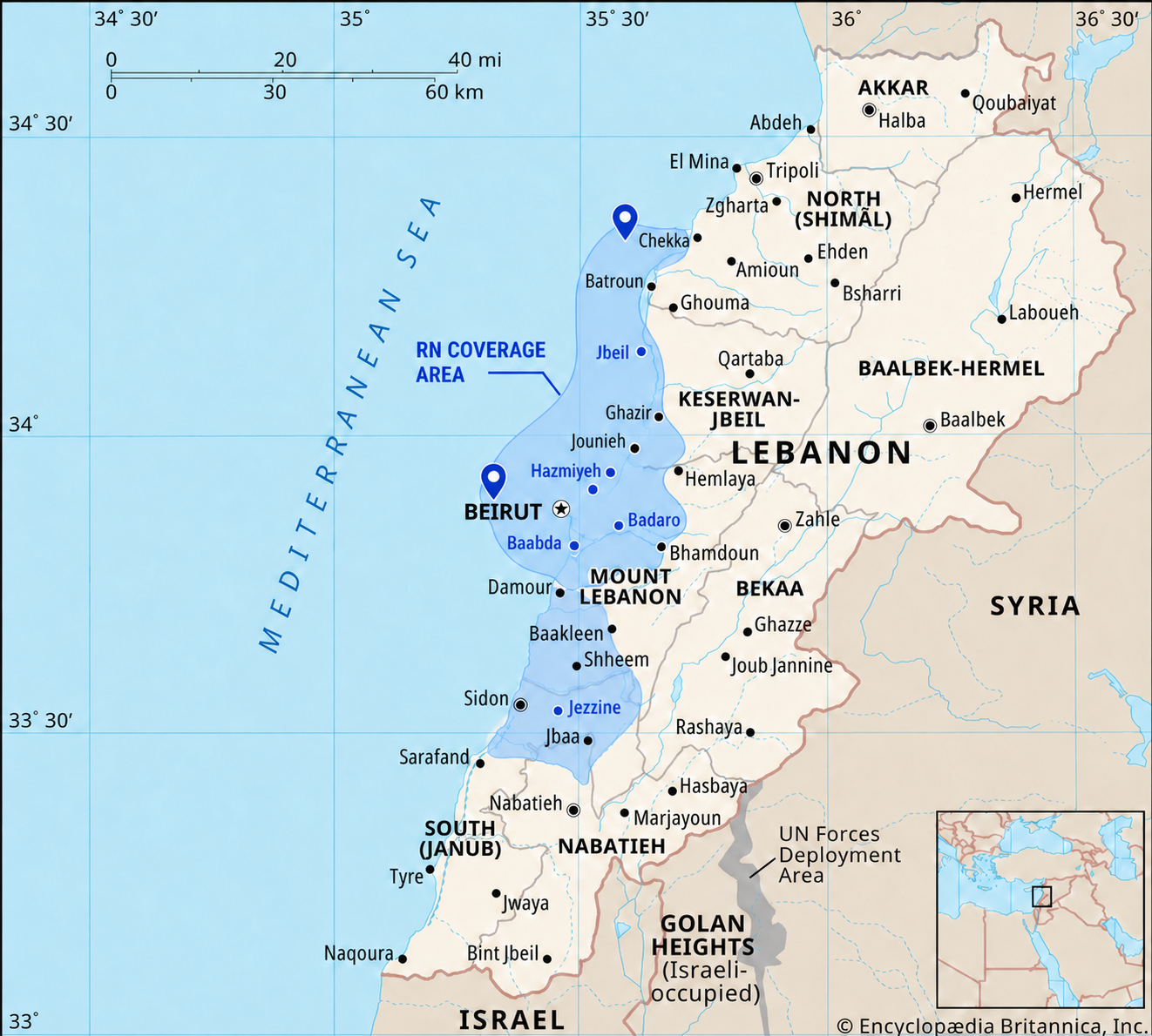 Map of RN Fiber coverage including Chekka, Jbeil, Beirut, Baabda, Hazmiyeh, Badaro, Mount Lebanon, and Jezzine